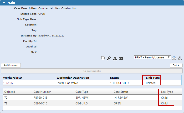 View of Linked Cases on the Main Panel of a Parent Case